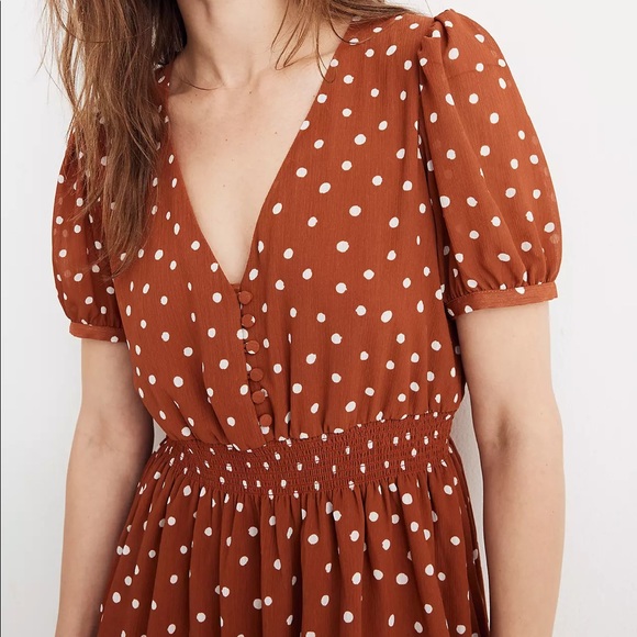 NWT Madewell Smocked Waist Mini Dress Inkspot Dots Brown Polka Dot Pinup Small - Picture 6 of 16